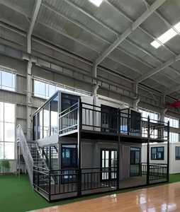 Bâtiment préfabriqué en conteneur à double aile extensible en acier et bois, avec auvent, pour villa, hôtel, design moderne - Product Image 1