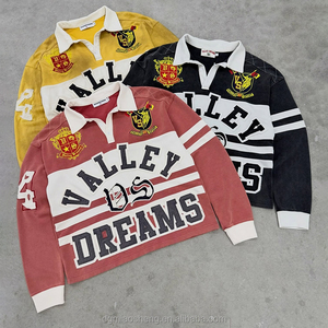 Maglietta <span class=keywords><strong>Polo</strong></span> Vintage in Cotone Caldo per Uomo, Oversize <span class=keywords><strong>con</strong></span> Ricamo sul Colletto, Bottoni, Stile Rugby, Lavaggio Acido, Maniche Lunghe <span class=keywords><strong>a</strong></span> Righe - Product Image 1