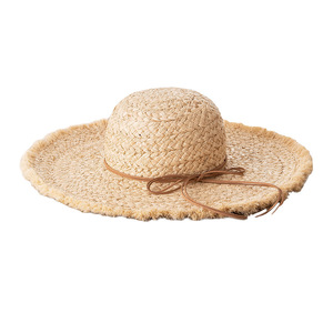 Chapeau de soleil dôme à large bord en paille de raphia naturelle pour enfants, avec bords effilochés, idéal pour le voyage, collection Printemps-Été - Product Image 4