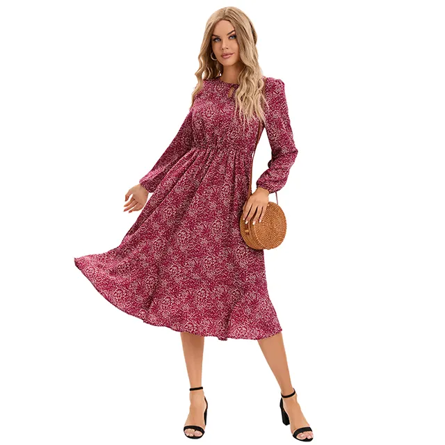 Casual Long Sleeve Slim Design Women Dress Chiffon Floral Print Bohemian Summer Dresses Wholesale Natural OEM Service Woven