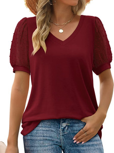 Grande taille 1XL-5XL femmes couleur blocage Sequin T-shirt été lanterne manches col en V haut décontracté - Product Image 3