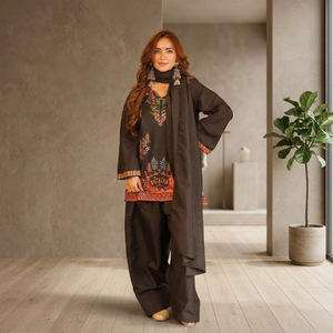 Ensemble 3 pièces tendance noir brodé Shalwar Kameez, tenue décontractée indienne et pakistanaise pour fêtes, en coton lawn, vente en gros - Product Image 1