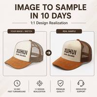 Gorra Trucker Premium con Visera de Gamuza, Bordado 3D en Relieve, Frente Beige, Parte Trasera de Malla Marrón, Logotipo Personalizado, Cierre a Presión, Fabricante OEM