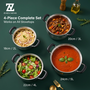 Ensemble de casseroles de luxe en acier inoxydable 4 pièces, finition miroir haute brillance, avec couvercle en verre trempé et poignée en fil métallique renforcé - Product Image 1