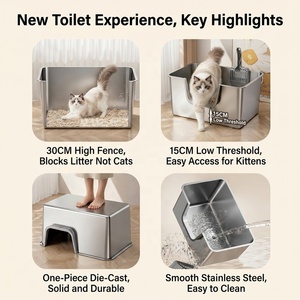 <span class=keywords><strong>Bac</strong></span> à litière pour chat rectangulaire en acier inoxydable, grande capacité, facile à nettoyer, anti-éclaboussures, design ouvert - Product Image 6