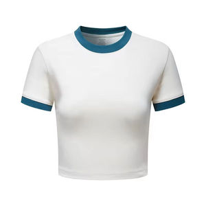 Crop <span class=keywords><strong>top</strong></span> en coton spandex à col rond pour femmes, couleur unie, coton de qualité, impression personnalisée, crop <span class=keywords><strong>top</strong></span> à col rond, t-shirt de sport - Product Image 4