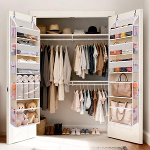 Over The Door Organizer 5 Tier With Mesh Pockets Beige Bathroom Bedroom Storage Hanging <b>Rack</b> - Product Image 5