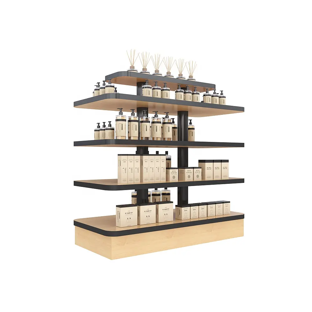 Center luxury perfume brand cosmetic store fixtures wood 4 tier stand makeup product display racks for table