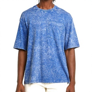 Men's Oversized Short Sleeve O-Neck T-Shirt <b>Tie</b> Dye Washed Cotton Casual Solid Blue Woven Fabric - Product Image 1