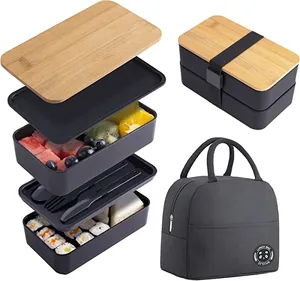 Microwavable And Dishwasher Safe Stackable 2 Layer Lunch Container With Bamboo Lid Bento Box For Adult With Lunch Bag