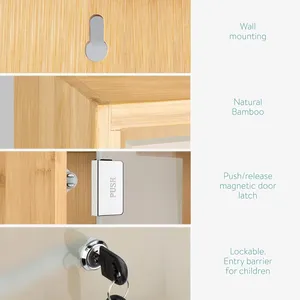 Armoire à médicaments murale en bambou naturel à 3 niveaux avec serrure et porte en verre de sécurité - Product Image 3