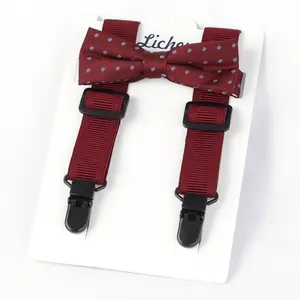 Solid Color Boys And Girls Suspender Woven Bow Tie Set For Wedding Vivid Color Adjustable Brace Strong Clip Elastic Band
