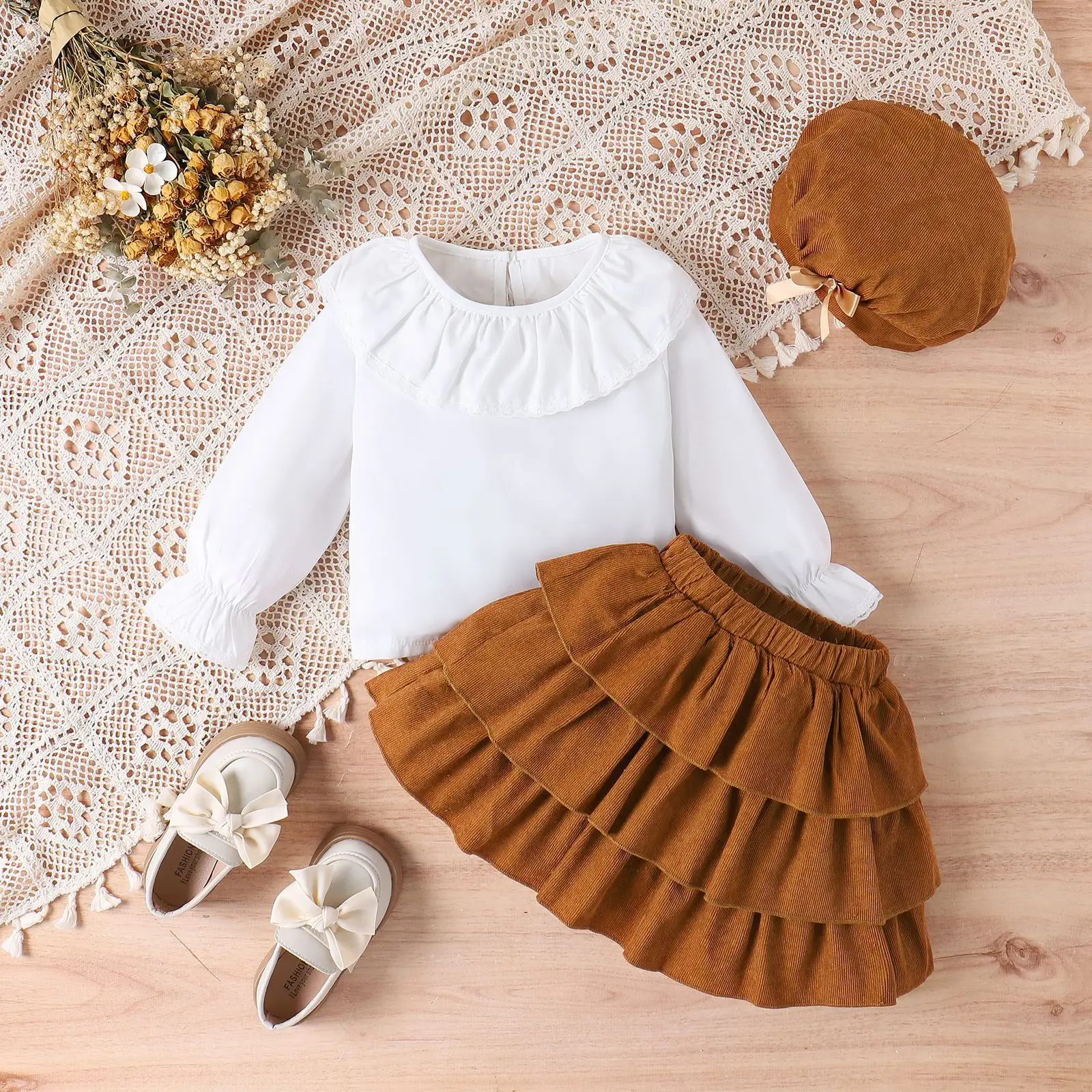 Zonnige Baby Meisjes 4-7T Herfst En Winter Pop Kraag Kant Shirt + Corduroy Cake Rok + Hoed 3 Stuks Set