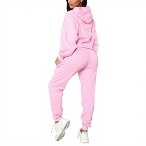 Women's Pink Hooded 100% Cotton Eco-Friendly <b>Waterproof</b> <b>Tracksuit</b> Full Sleeve Solid Color Casual Sweat Suit 2 Piece Set Side - Product Image 2