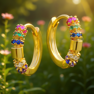 Orecchini a Cerchio Dorati da Donna, Design Floreale con Cristalli e Strass, Placcati in Oro 18K, Gioielli Trendy per Feste - Product Image 2