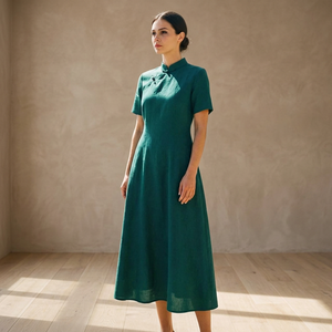Robe midi trapèze décontractée pour femme en lin biologique vert, col en V, manches cloche, ample, respirante, couleur unie, style vintage, 100 % coton - Product Image 3