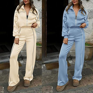 S-2XL Großhandel Hochwertiger Gestreifter Locker Sitzender Sport- und Freizeitanzug mit Reißverschluss Langer Kragen Zweiteiliges Set für Damen - Product Image 5