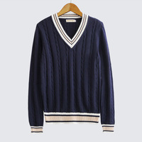 Pull en tricot torsadé style preppy pour femme, col en V, bordure côtelée contrastée, manches longues, pull d'automne/hiver