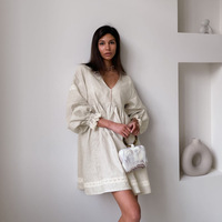 Robe ample en coton et lin à col en V et manches lanternes pour femme, élégante, style français, idéale pour le quotidien