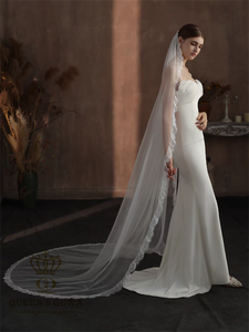 क्वीन्सटाउन उच्च गुणवत्ता वाली कढ़ाई आईलाइनर एज लंबी ट्रेन ब्राइडल घूंघट सरल सुरुचिपूर्ण एक परत वाली दुल्हन शादी का घूंघट - Product Image 4