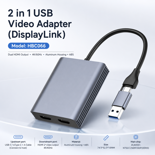 2 1 DisplayLink USB Dual for Adapter 4K+60Hz for 2.0 USB A+C Dual Plug Aluminum Shell Dual Monitor Video Converter Stock
