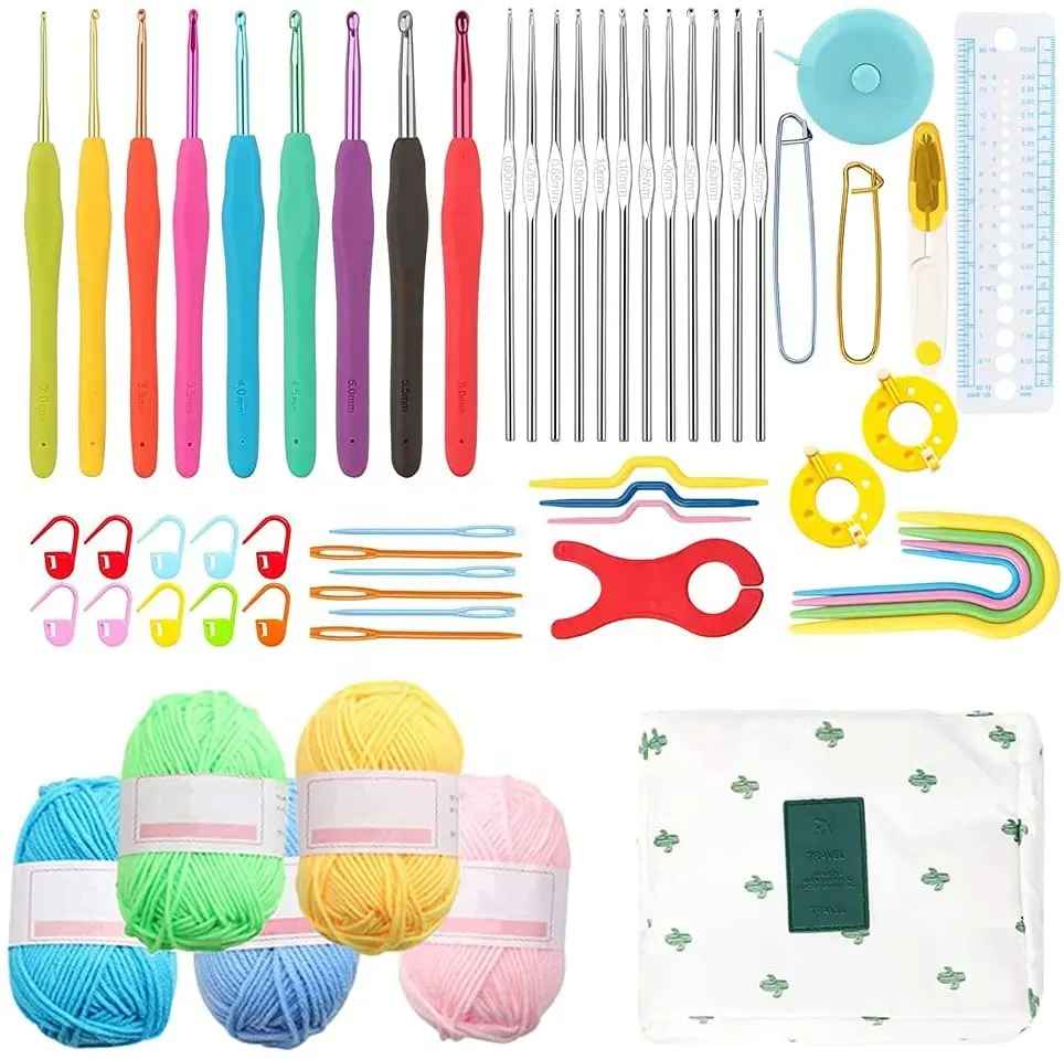 Looen Lace Crochet Needle Set Ergonomic Crochet Hook Kit Stainless Steel And Yarn 58 Pieces Multicolor Customized Support 350 G