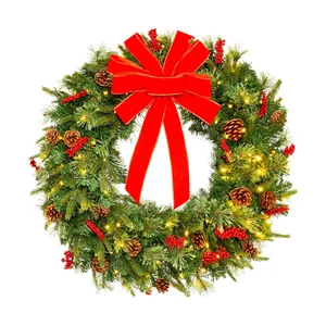 松ぼっくりと赤い弓の豪華な人工クリスマス花輪と花輪を備えた24インチLEDクリスマスリース