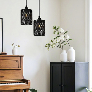 Paper <b>Rope</b> Pendant Lamp Shade Cylinder Multicolor Handmade Woven Eco Friendly <b>Lighting</b> Decoration - Product Image 2