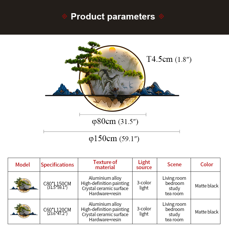 OUFULA Modern Wall Picture Light Inside Creative Chinese Landscape Mural Sconces Lamp LED For Home Living Bedroom Study (Style C D80cm - View #9