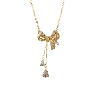 Bow Pendant <b>Titanium</b> Steel <b>Necklace</b> Gold Color Zircon Clavicle Chain For Women Gift Fashion Jewelry - Product Image 5