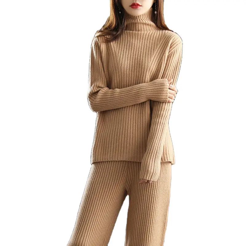 Women Cashmere Suit Plain Knitted Turtleneck Female Wool Sweater Pant 2 Set Knit Two Piece Sets Women's Sweaters Ladies Homewear