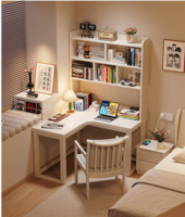 Bureau d'angle en bois de caoutchouc en forme de L, confortable, durable et écologique, avec huche et étagère pour l'étude à domicile DB03S #