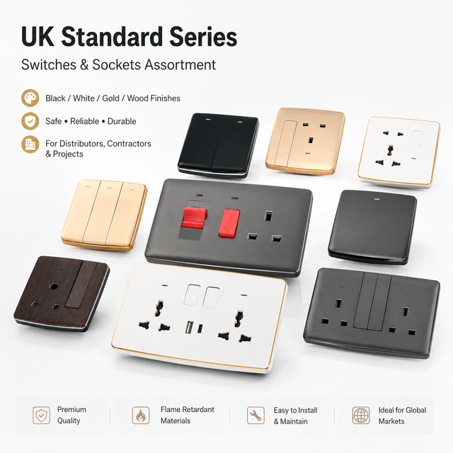 Premium UK Standard Modern Luxury Electrical Wall Switched Sockets with Neon Indicator for Home Hotel Office Use