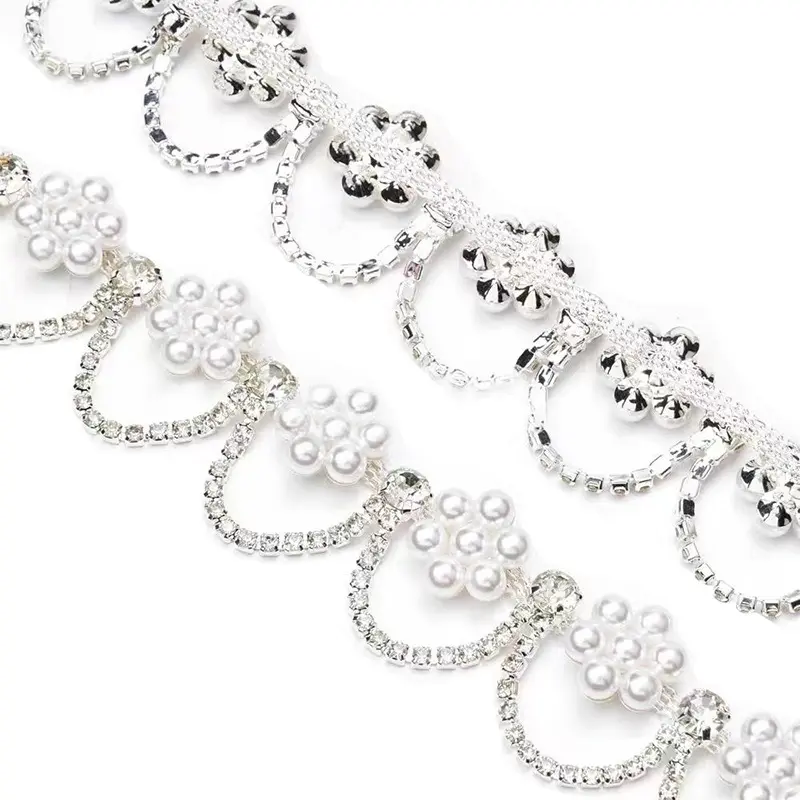 Crystal Rhinestone Chain with pearl Trimming Garment Decoration Bling Decorative Rhinestone Chain for Clothing