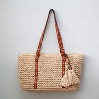 Sac en paille de raphia fait main avec logo personnalisé pour femme, fourre-tout de plage tissé, sacs à main vintage au crochet avec chaînes et fermeture éclair, style bohème tendance pour l'été