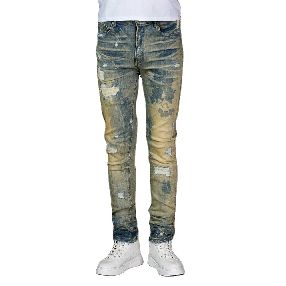 Jeans slim personnalisés de haute qualité en coton pour hommes, lavage lourd OEM