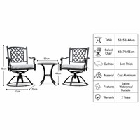 Ensemble de patio extérieur en aluminium coulé noir durable et écologique, chaises pivotantes, table à thé, coussins résistants aux intempéries, utilisation hôtelière