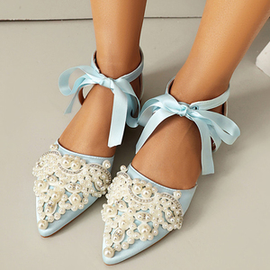 Big Size 45 Women Summer Outdoor Silk Lace-up <b>Flat</b> Shoes <b>Pointed</b> <b>Toe</b> Beads Ornaments Ballet Pumps Wide Fit Sandals - Product Image 4