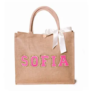 Bolsa de playa de yute de arpillera de cáñamo, bolsa de playa lisa con asa de cuerda de algodón, bolsa de transporte Natural para regalo, venta al por mayor