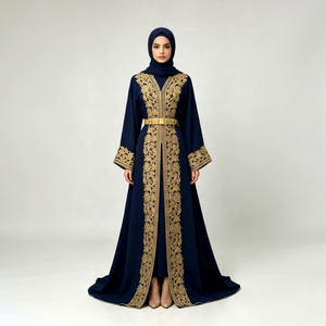 Abaya longue pour femme, col en V, manches longues, broderie florale, bleu marine, style Moyen-Orient, coupe ample, en rayonne anti-boulochage - Product Image 1