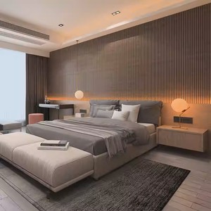 ชุดเฟอร์นิเจอร์ห้องนอนอพาร์ตเมนต์โรงแรมทันสมัย เตียงโครงไม้พร้อมหัวเตียงบุผ้า โต๊ะข้างเตียง ที่วางเท้า และโต๊ะทำงาน - Product Image 2