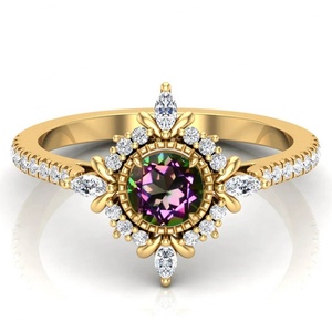 แหวนหมั้นเพชรพลอยทรงกลมประดับเพชร CZ สีขาวและโทแพซเมอร์คิวรีมิสติกทรงกลม ชุบทองคำขาว 14K สำหรับคนเกิดเดือนพฤศจิกายน - Product Image 1