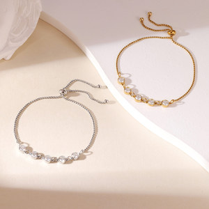 韓国風輝くジルコンラウンドチャームステンレススチール調節可能ブレスレット女性用ジュエリー - Product Image 3