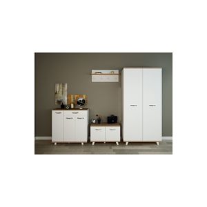 Moderno perchero escandinavo de madera blanca con zapatero para recibidor, pasillo o guardarropa - Product Image 1