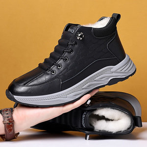 Zapatos de algodón cálidos con forro polar para hombre, botas de nieve de cuero impermeables antideslizantes y gruesas de color negro para personas de mediana edad y mayores - Product Image 2