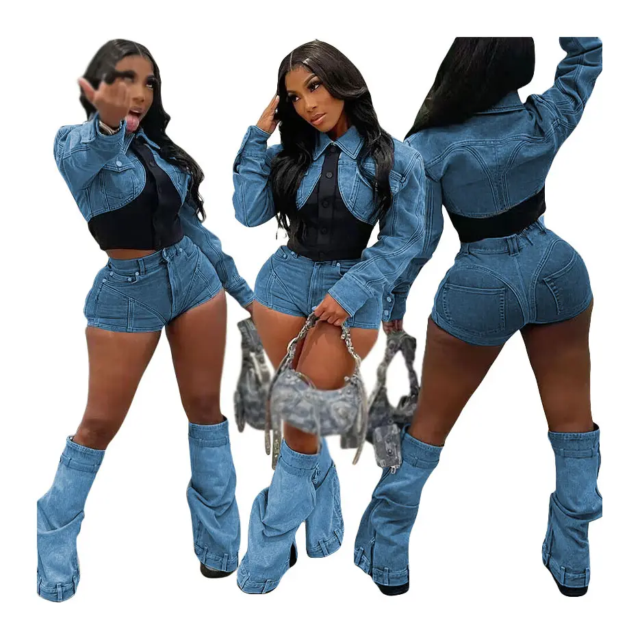 W3784 Sexy Denim Jean Two Piece Matching Pant Set Outfits Women Clothes Elastic Biker Shorts Suits Sets Cropped Tops Tracksuit