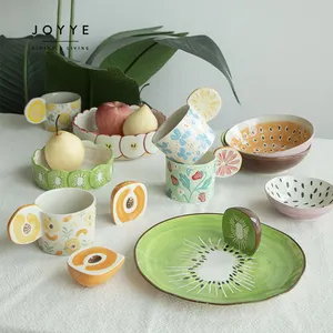 JOYYE new design fruit organic irregular shaped plate dinner set hand-painted fruit pattern ceramic dinnerware