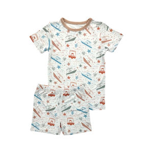 BSSO1904 Ensemble de vêtements pour bébé garçon personnalisé, imprimé étoiles de bateau, rayures, tenues pour enfants, vente en gros, ensemble à manches courtes - Product Image 1