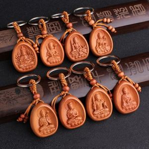 Promotion High Quality Feng Shui Kwan-yin Buddha Wood Key Chain Accessories Creative Car Key Holder Wood Pendant Buddha Keychain