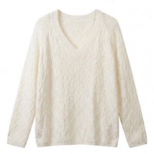 <span class=keywords><strong>Pull</strong></span> en tricot pour femme à col en V, motif losanges, broderie de sequins, ample et <span class=keywords><strong>sexy</strong></span>, <span class=keywords><strong>pull</strong></span> blanc élégant et stylé - Product Image 1